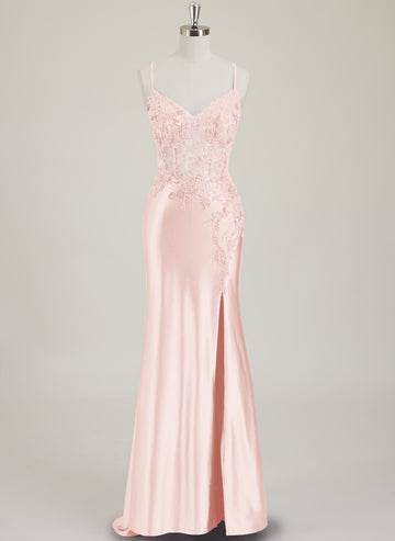 Spaghetti Straps V-Neck Sequins Jersey Trumpet/Mermaid Maxi Dress With Leg Slit