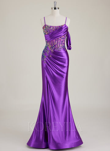 Spaghetti Straps Scoop Corset Sequins Jersey Trumpet/Mermaid Maxi Dress With Leg Slit