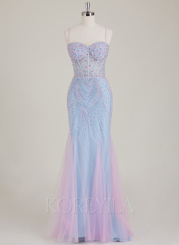 Spaghetti Straps Sweetheart Rhinestone Sequins Tulle Trumpet/Mermaid Maxi Dress