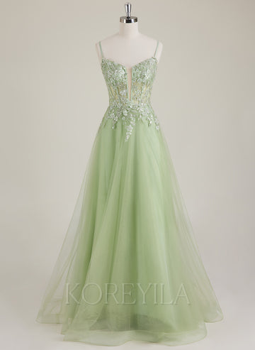 Spaghetti Straps V-Neck Embroidered Sequins Tulle A-line Maxi Dress