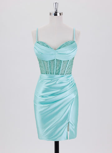 Sheath/Column Spaghetti Straps Short Satin Homecoming Dress With Beading