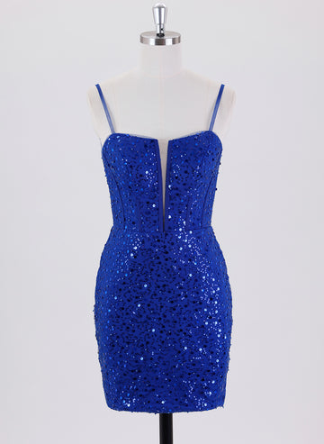 Sheath/Column Spaghetti Straps Short Tulle Homecoming Dress With Sequins