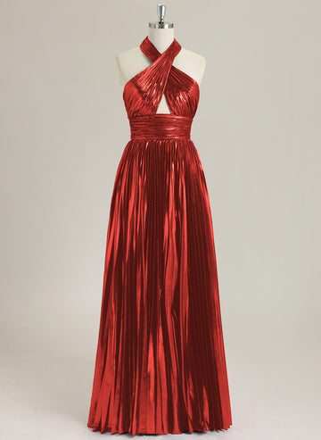 A-Line Sleeveless Floor-Length Metallic Prom Dress With Pleated