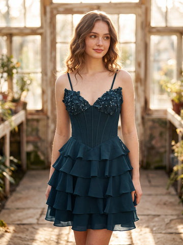 V-Neck Short Chiffon Mini Dress