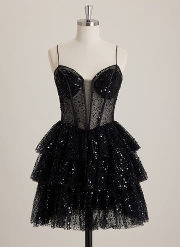 Ball-Gown/Princess V-Neck Short Sequin Mini Dress With Sequins