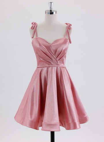 A-line Spaghetti Straps Short Satin Homecoming Dress With Pleated