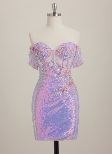 Sheath/Column Off the Shoulder Short Lace Mini Dress With Beading Sequins Appliques Lace