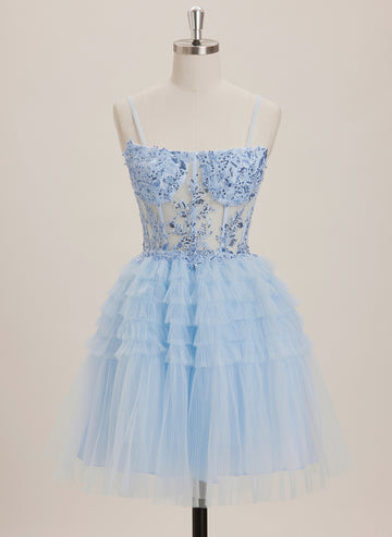 A-line Square Short Tulle Mini Dress With Beading Sequins