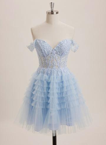 Ball-Gown/Princess Off the Shoulder Short Tulle Mini Dress With Sequins Appliques Lace