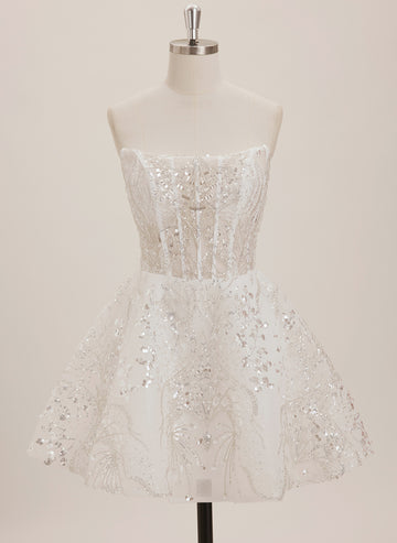 A-line Straight Short Tulle Mini Dress With Beading Sequins