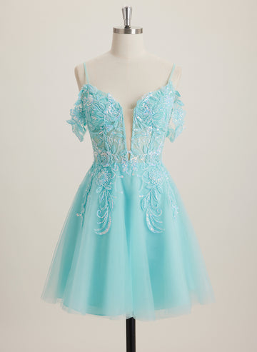 A-line Off the Shoulder Short Tulle Mini Dress With Beading Sequins