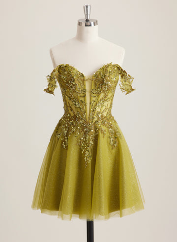 A-line Off the Shoulder Short Tulle Mini Dress With Beading Appliques Lace Sequins
