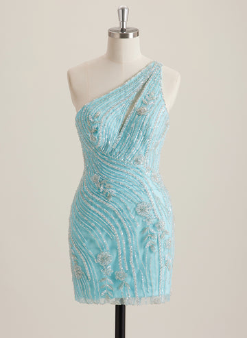 Sheath/Column One Shoulder Short Sequin Mini Dress With Beading Sequins