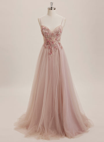 Ball-Gown/Princess V-Neck Sweep Train Tulle Maxi Dresses With Rhinestone Appliques Lace Sequins