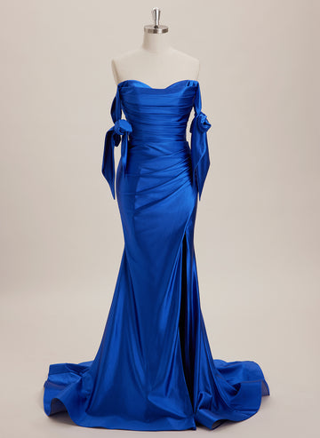 Trumpet/Mermaid Off the Shoulder Sweep Train Jersey Maxi Dresses With Pleated Bow