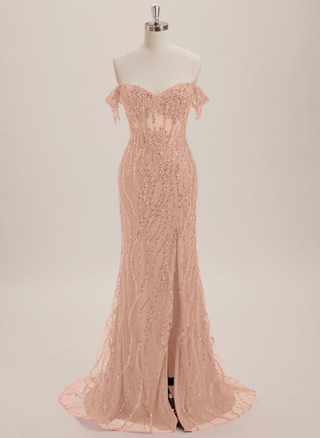 Trumpet/Mermaid Off the Shoulder Sweep Train Sequin Maxi Dresses With Sequins