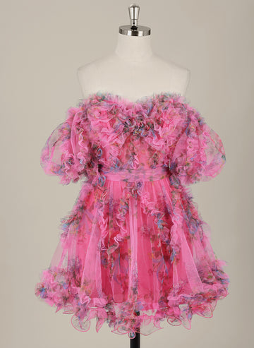 Ball-Gown/Princess Short Sleeve Short Tulle Homecoming Dress With Ruffle