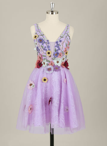 A-Line Sleeveless Short Lace Tulle Homecoming Dress With Appliques Lace