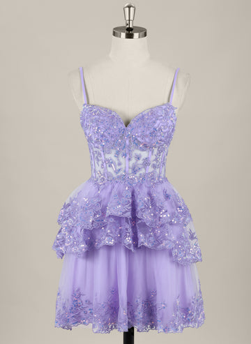 Ball-Gown/Princess Spaghetti Straps Short Tulle Homecoming Dress With Sequins
