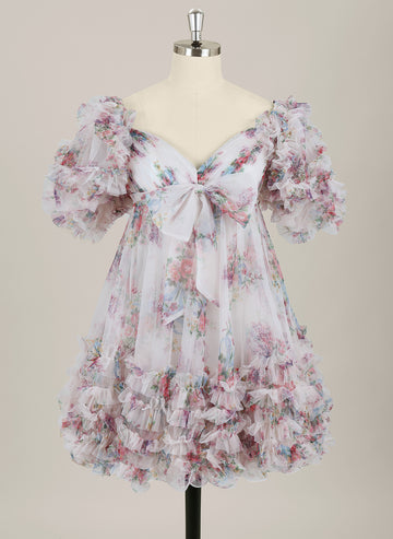 Ball-Gown/Princess Short Sleeve Short Tulle Homecoming Dress With Ruffle