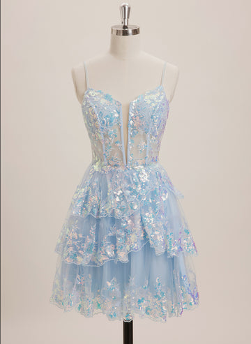 A-line V-Neck Short Tulle Mini Dress With Sequins
