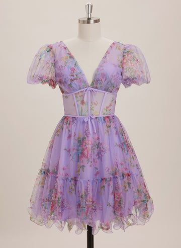 A-line V-Neck Short Tulle Mini Dress