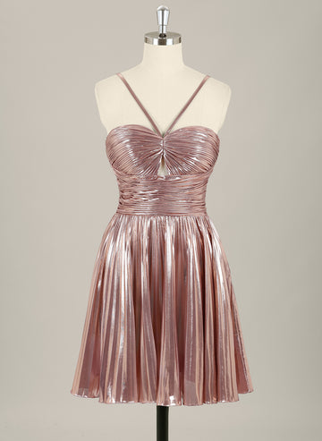 A-Line Spaghetti Straps Short Metallic Homecoming Dress