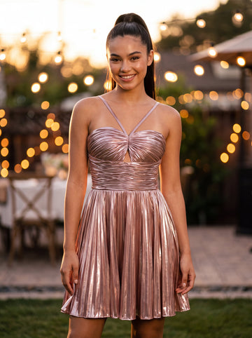 A-Line Spaghetti Straps Short Metallic Homecoming Dress