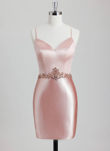 Bodycon V-Neck Short Satin Homecoming Dress With Beading Sequins