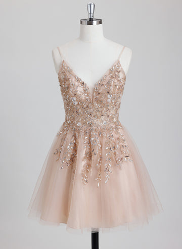 A-line V-Neck Short Tulle Homecoming Dress With Beading Sequins