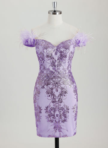 Bodycon Off the Shoulder Short Sequin Homecoming Dress With Faux Feather Sequins