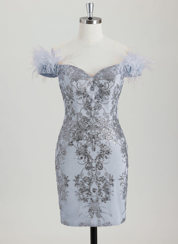 Bodycon Off the Shoulder Short Sequin Homecoming Dress With Faux Feather Sequins