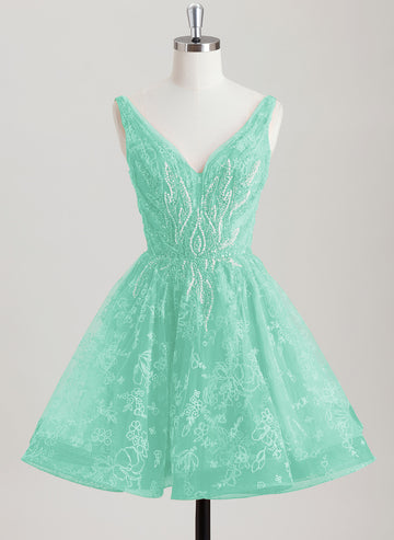 A-line V-Neck Short Lace Tulle Homecoming Dress With Beading Sequins