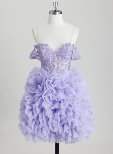 Ball-Gown/Princess Off the Shoulder Short Tulle Homecoming Dress With Rhinestone Appliques Lace