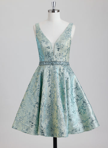 A-line V-Neck Short Metallic Homecoming Dress With Rhinestone Beading Sequins