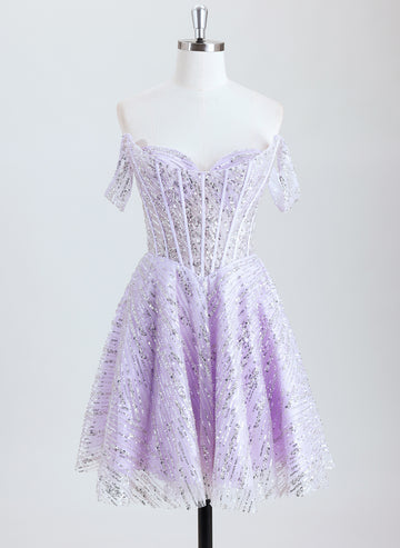A-line Off the Shoulder Short Sequin Homecoming Dress With Sequins