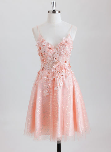 A-line Spaghetti Straps Short Tulle Homecoming Dress With 3D Floral