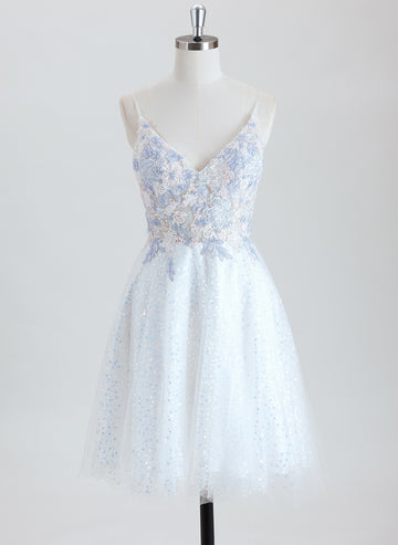 A-line V-Neck Short Tulle Lace Homecoming Dress With Sequins