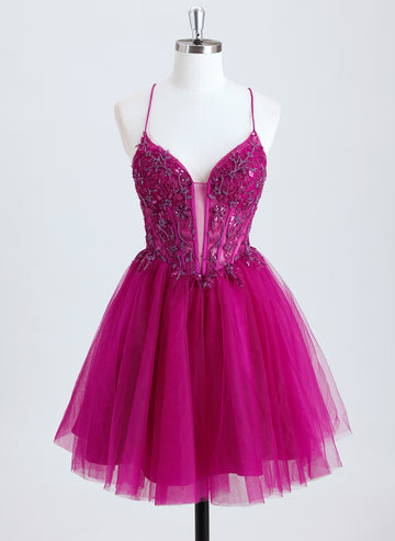 Ball-Gown/Princess V-Neck Short Tulle Homecoming Dress With Beading Sequins