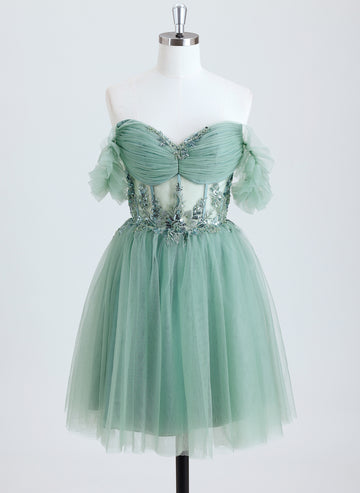 Ball-Gown/Princess Off the Shoulder Short Tulle Homecoming Dress With Beading Appliques Lace Sequins