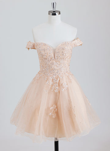 Ball-Gown/Princess Off the Shoulder Short Tulle Homecoming Dress With Rhinestone