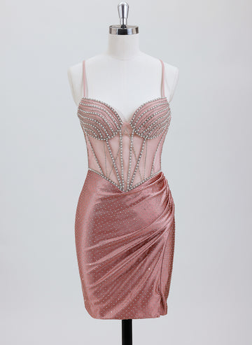 Sheath/Column Sweetheart Short Silky Satin Homecoming Dress With Rhinestone