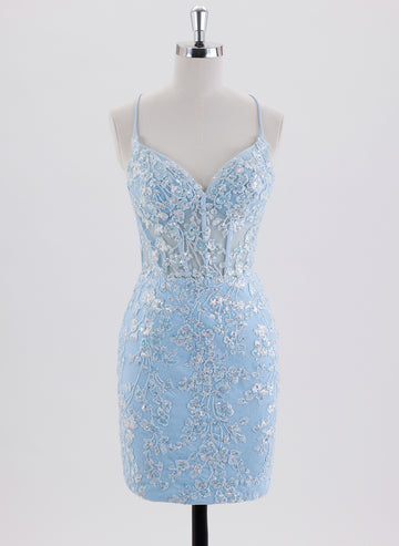 Sheath/Column Spaghetti Straps Short Lace Homecoming Dress With Sequins