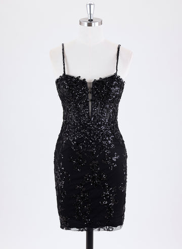 Sheath/Column Spaghetti Straps Short Lace Homecoming Dress With Sequins