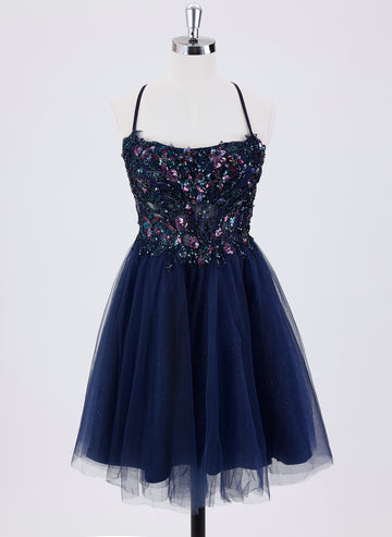 Ball-Gown/Princess Spaghetti Straps Short Tulle Homecoming Dress With Sequins