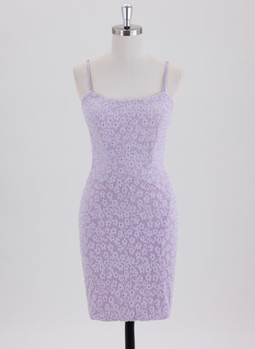 Sheath/Column Spaghetti Straps Short Lace Homecoming Dress With Rhinestone