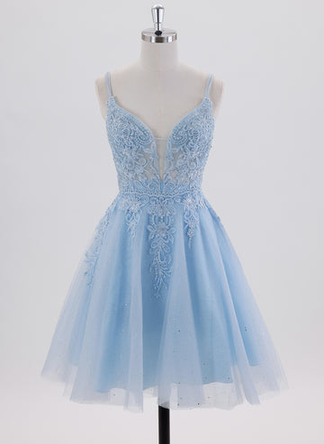A-line Spaghetti Straps Short Tulle Homecoming Dress With Rhinestone