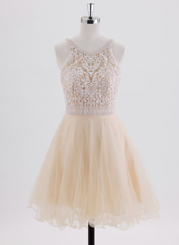 A-line Sleeveless Short Tulle Homecoming Dress With Beading