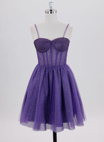 Ball-Gown/Princess Spaghetti Straps Short Tulle Homecoming Dress With Rhinestone