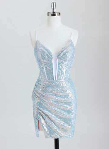 Sheath Short Sequin Blue Homecoming Dress With Sequins